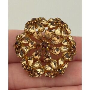 Vintage Austria Rhinestone Brooch Flower Dome Gold Tone Pin